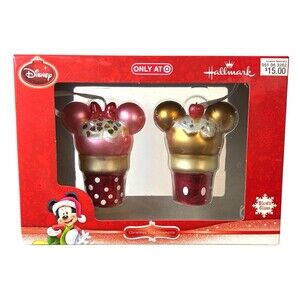 Disney Mickey Minnie Mouse Blown Glass Ice Cream Cone Christmas Ornament Set NIB